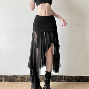 Gothic Asymmetrical Mesh Mini Skirt for Y2K Aesthetic and Grunge Style Outfits