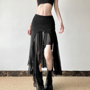 Gothic Asymmetrical Mesh Mini Skirt for Y2K Aesthetic and Grunge Style Outfits