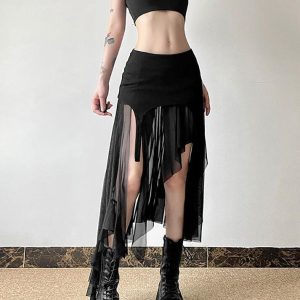 Gothic Asymmetrical Mesh Mini Skirt for Y2K Aesthetic and Grunge Style Outfits