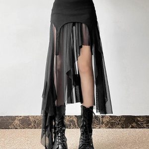 Gothic Asymmetrical Mesh Mini Skirt for Y2K Aesthetic and Grunge Style Outfits