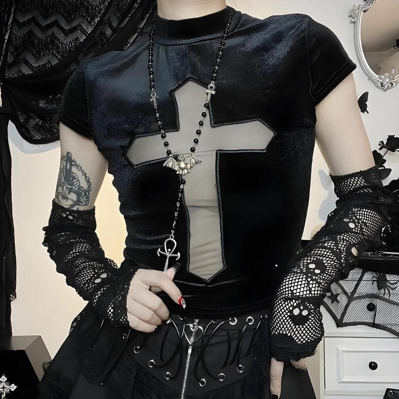 Gothic Cross Cut-Out Velvet Top - Y2K Grunge Aesthetic Cute Crop Top for Edgy Style