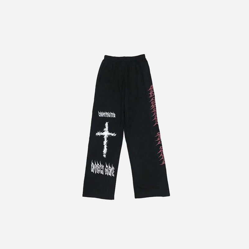 Gothic Cross Graphic Loose Pants for Edgy Y2K Aesthetic and Grunge Style Outfits