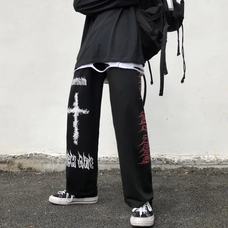 Gothic Cross Graphic Loose Pants for Edgy Y2K Aesthetic and Grunge Style Outfits