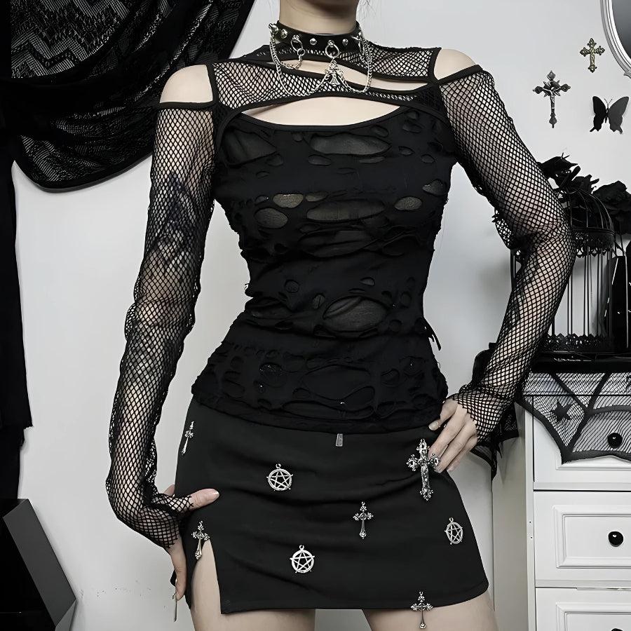 Gothic Fishnet Ripped Top for Edgy Grunge Aesthetic Outfits and Y2K Fashion Styles