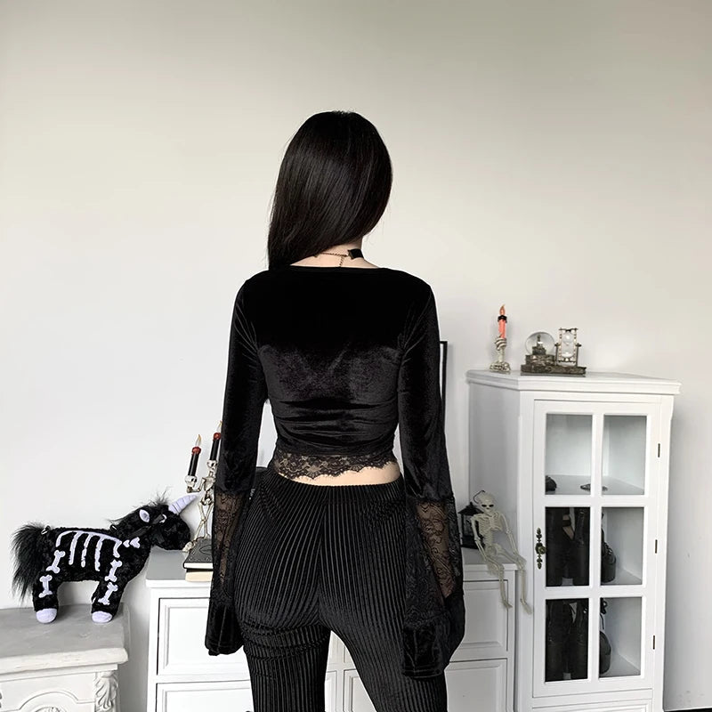 Gothic Lace Flare Cuffs Crop Top - Y2K Grunge Aesthetic Cute Top for Edgy Outfits