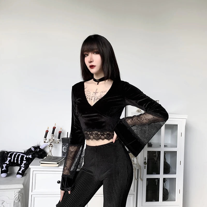 Gothic Lace Flare Cuffs Crop Top - Y2K Grunge Aesthetic Cute Top for Edgy Outfits