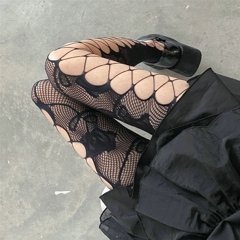 Gothic Rose Fishnet Tights for Grunge Aesthetic Outfits and Y2K Fashion Styles