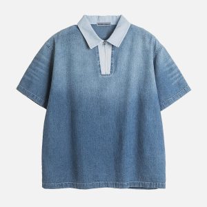 Gradient Denim Polo Tee - Y2K Aesthetic Top for Trendy Outfits and Casual Style