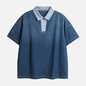 Gradient Denim Polo Tee - Y2K Aesthetic Top for Trendy Outfits and Casual Style