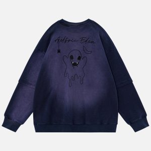 Gradient Embroidery Ghost Hoodie - Y2K Aesthetic Comfy Top for Grunge and Coquette Styles