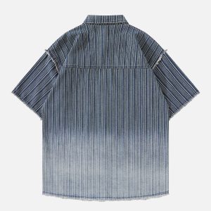 Gradient Fringe Denim Short Sleeve Shirt - Y2K Aesthetic Top for Trendy Outfits