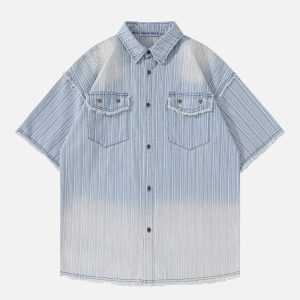 Gradient Fringe Denim Short Sleeve Shirt - Y2K Aesthetic Top for Trendy Outfits