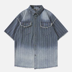 Gradient Fringe Denim Short Sleeve Shirt - Y2K Aesthetic Top for Trendy Outfits