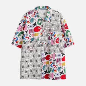 Graffiti Print Y2K Aesthetic Short Sleeve Shirt for Trendy Street Style Outfits