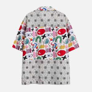 Graffiti Print Y2K Aesthetic Short Sleeve Shirt for Trendy Street Style Outfits