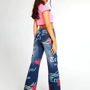 Graffiti Printed Wide Leg Jeans - Y2K Aesthetic Grunge Style for Trendy Outfits