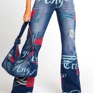 Graffiti Printed Wide Leg Jeans - Y2K Aesthetic Grunge Style for Trendy Outfits