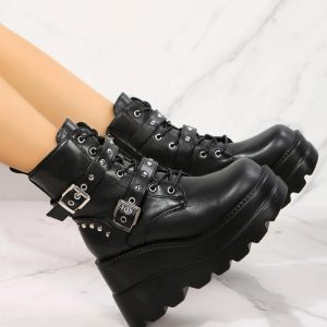 Grunge Aesthetic Belted Platform Boots for Y2K Style and Edgy Outfits