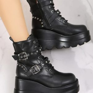 Grunge Aesthetic Belted Platform Boots for Y2K Style and Edgy Outfits