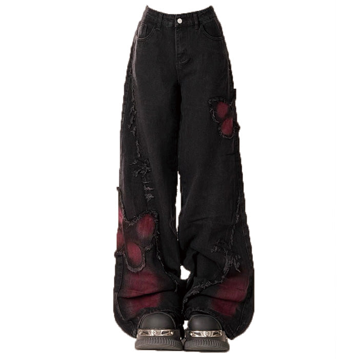 Grunge Aesthetic Black & Red Butterfly Cargo Jeans for Y2K Fashion Lovers