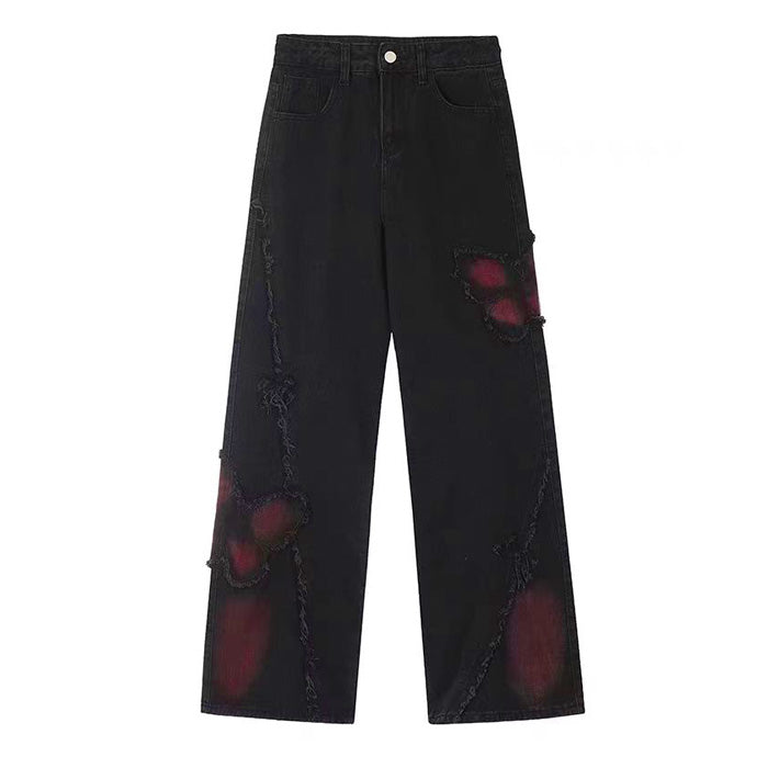 Grunge Aesthetic Black & Red Butterfly Cargo Jeans for Y2K Fashion Lovers