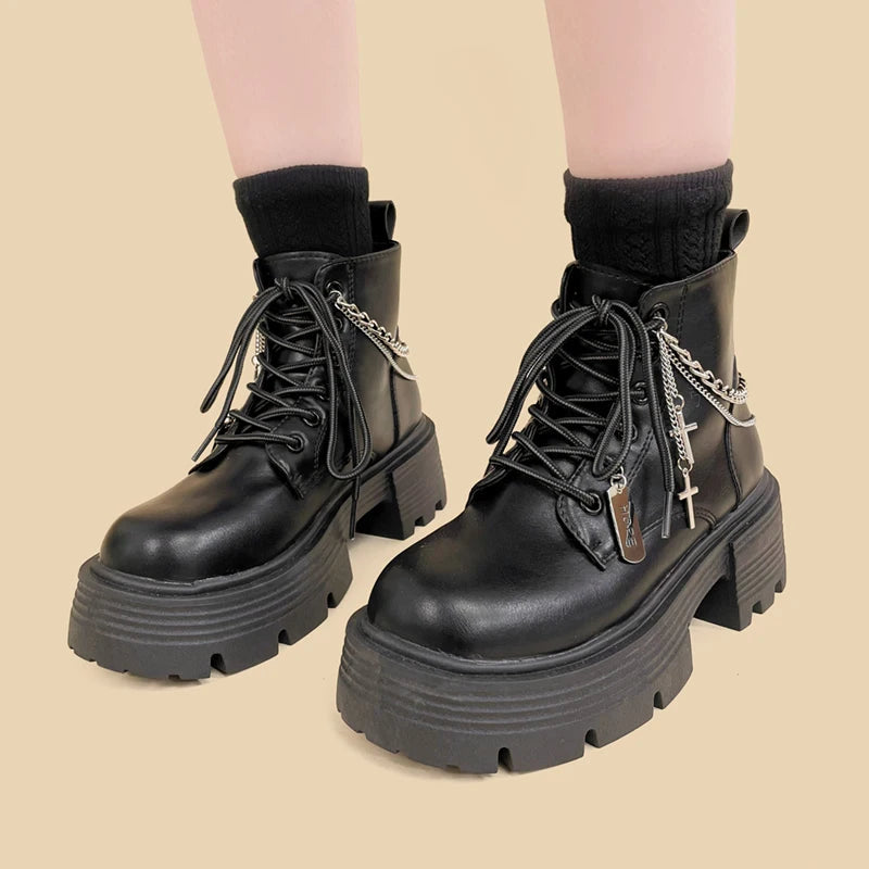 Grunge Aesthetic Chain with Cross Combat Boots for Edgy Y2K Style Outfits