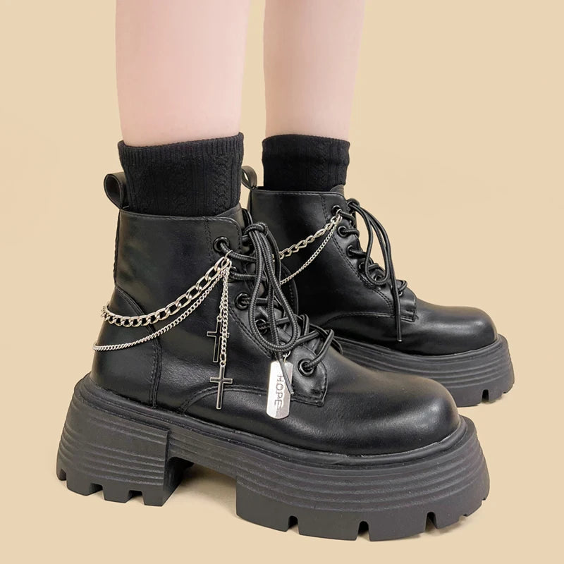 Grunge Aesthetic Chain with Cross Combat Boots for Edgy Y2K Style Outfits