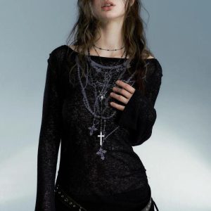 Grunge Aesthetic Cross Necklace Top - Edgy Y2K Style for Unique Outfits