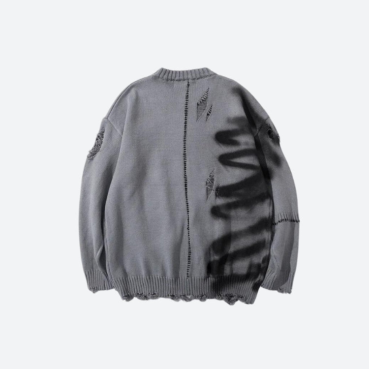 Grunge Aesthetic Distressed Knitted Sweater with Spray Paint Design for Y2K Style