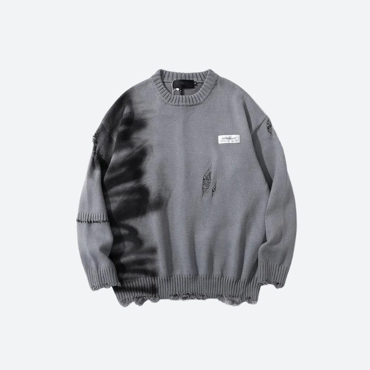 Grunge Aesthetic Distressed Knitted Sweater with Spray Paint Design for Y2K Style