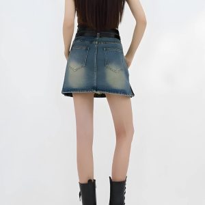 Grunge Aesthetic Double Belt Loop Denim Mini Skirt for Y2K Fashion Lovers