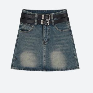 Grunge Aesthetic Double Belt Loop Denim Mini Skirt for Y2K Fashion Lovers