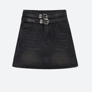 Grunge Aesthetic Double Belt Loop Denim Mini Skirt for Y2K Fashion Lovers