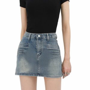 Grunge Aesthetic Fake Pocket Denim Mini Skirt for Y2K Fashion Lovers