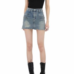 Grunge Aesthetic Fake Pocket Denim Mini Skirt for Y2K Fashion Lovers