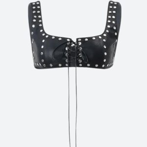 Grunge Aesthetic Faux Leather Lace-Up Crop Top for Edgy Y2K Fashion Lovers