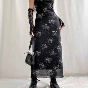 Grunge Floral Mesh Midi Dress - Y2K Aesthetic with Coquette Style Touches