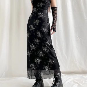 Grunge Floral Mesh Midi Dress - Y2K Aesthetic with Coquette Style Touches