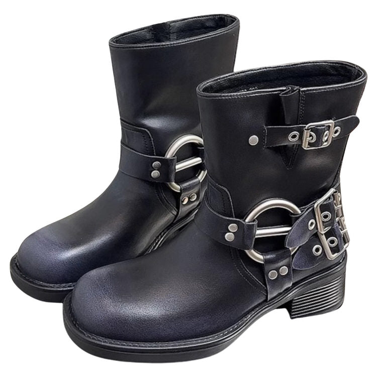 Grunge Sleaze Y2K Motorcycle Buckle Boots for Edgy Aesthetic Outfits