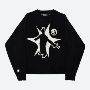 Grunge Starboy Distressed Knit Sweater - Y2K Aesthetic Cozy Top for Edgy Outfits