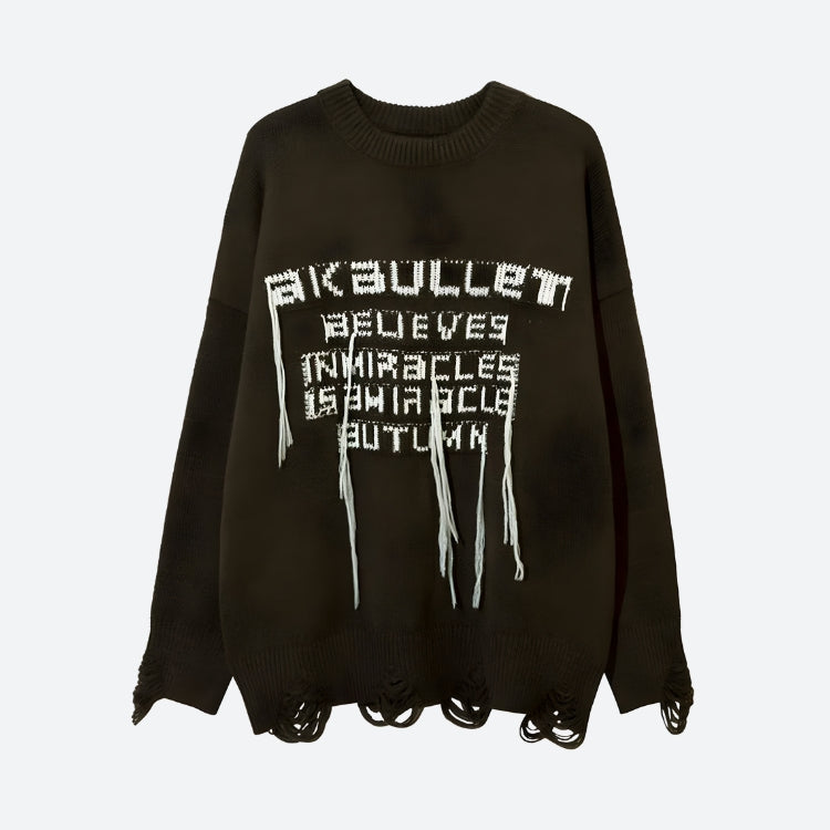 Grunge Tasseled AK-Bullet Sweater - Y2K Aesthetic Cozy Top for Edgy Fashion Lovers