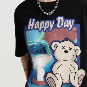 Happy Day Bear Graphic Tee - Cute Y2K Aesthetic Top for Cozy Outfits