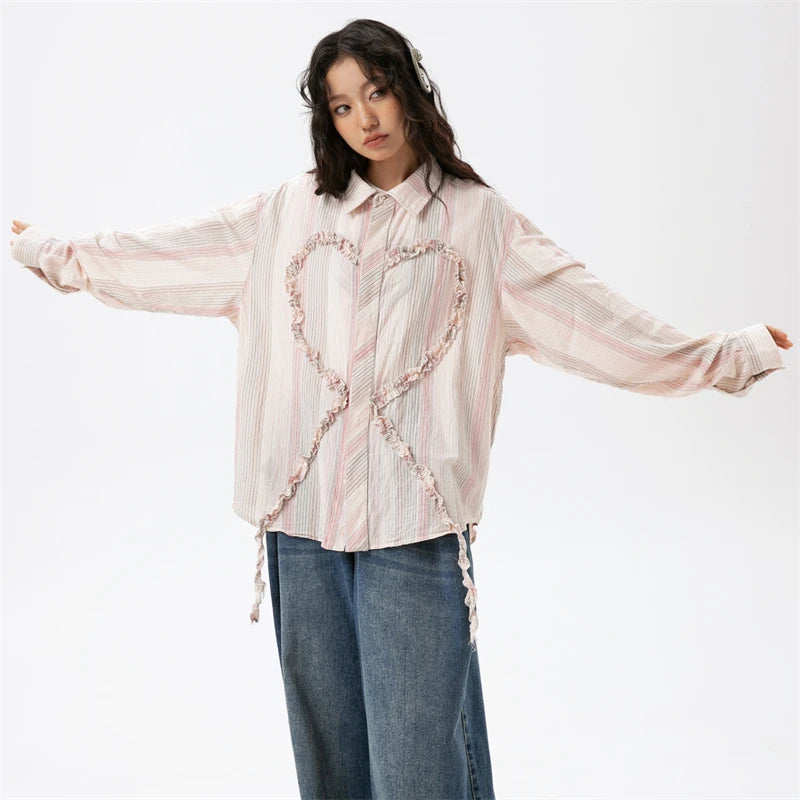 Heart Embroidery Y2K Aesthetic Long Sleeve Shirt - Cute Top for Coquette Style Outfits