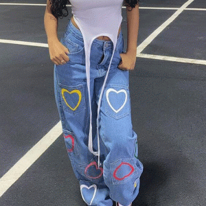 Heart Print Patchwork Cargo Jeans - Y2K Aesthetic Grunge Style for Trendy Outfits