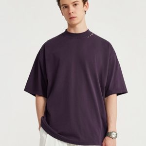 High-Neck Solid Loose T-Shirt for Y2K Aesthetic and Coquette Style Outfits