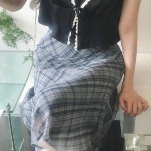 High Waist Bow Accent Plaid Mesh Midi Skirt - Y2K Aesthetic Coquette Style Fashion Piece