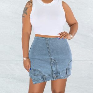 High Waist Irregular Denim Skort - Y2K Aesthetic Cargo Skirt for Trendy Outfits