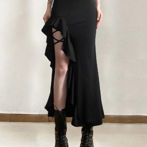 High Waist Irregular Split Y2K Goth Skirt for Edgy Aesthetic Outfits