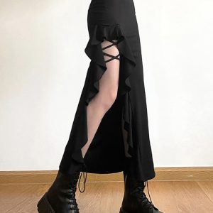 High Waist Irregular Split Y2K Goth Skirt for Edgy Aesthetic Outfits