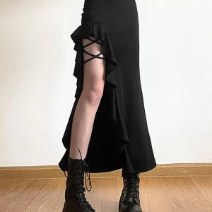 High Waist Irregular Split Y2K Goth Skirt for Edgy Aesthetic Outfits